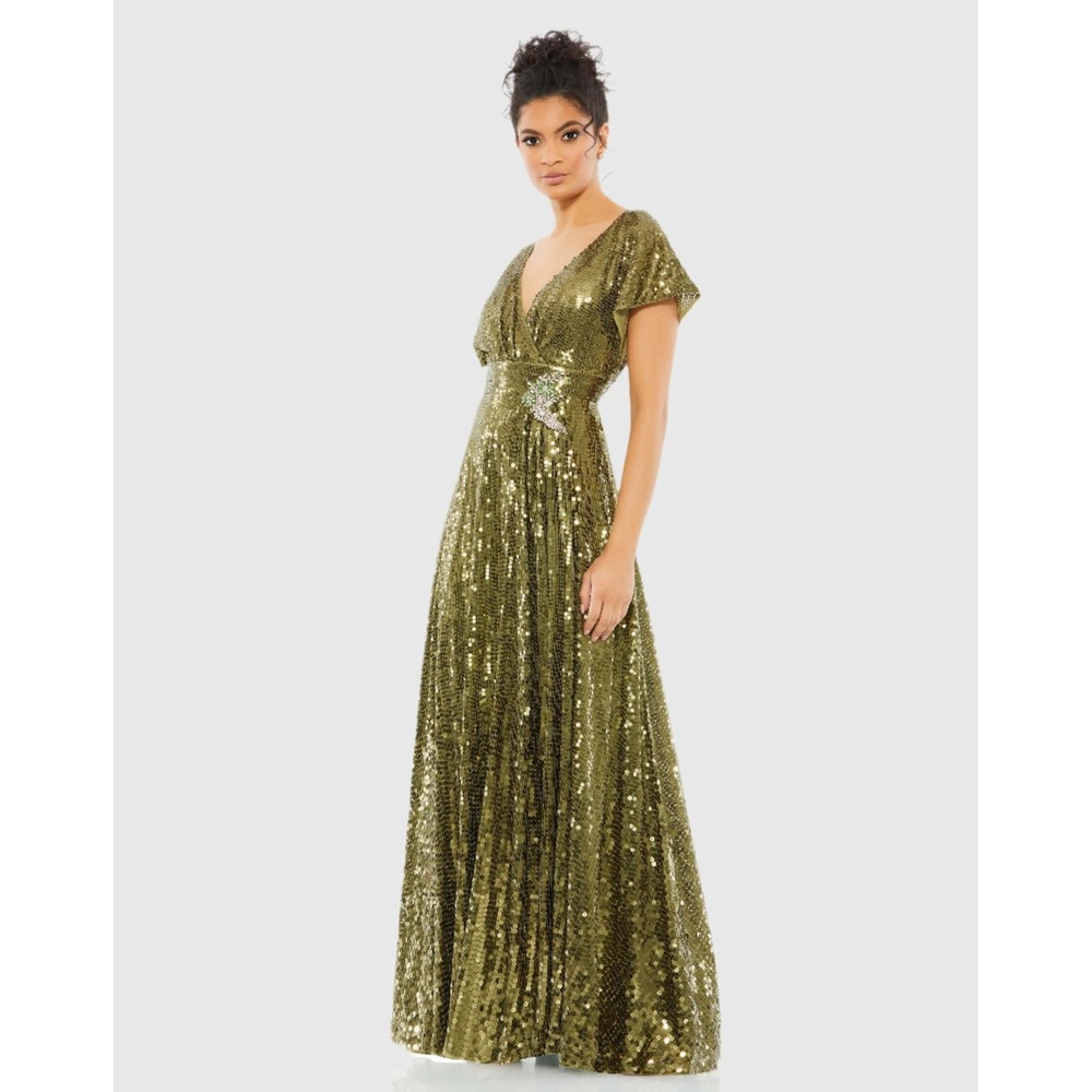 Mac Duggal 10773 size 4 Stunning Olive‎ Green Sequin Wrap Gown Embellished Waist